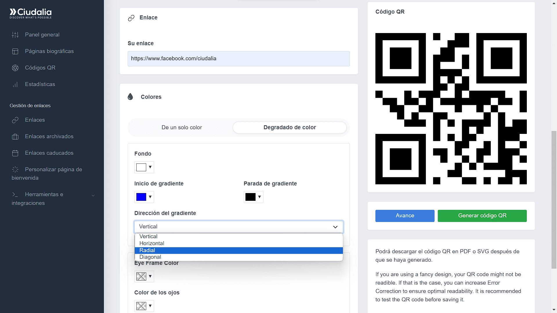 Asigna la "**Dirección del gradiente**" para darle mas diseño al Código QR