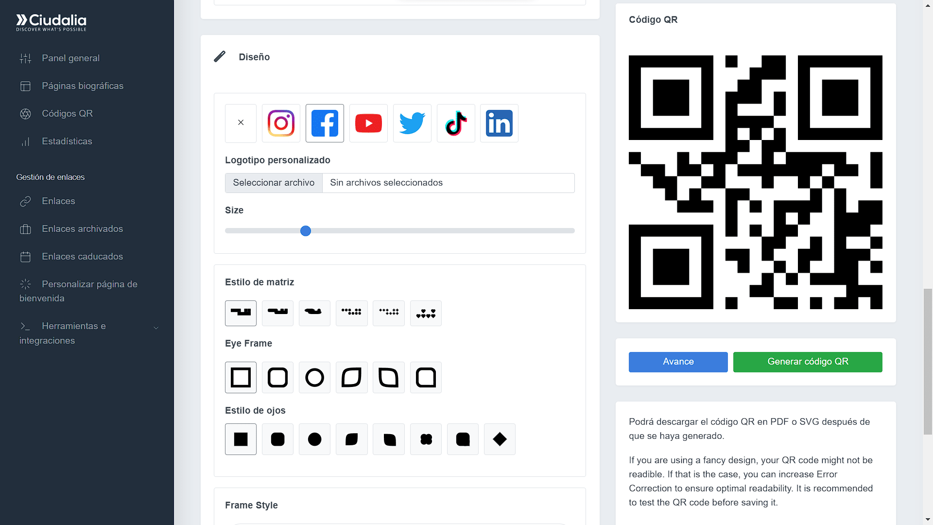 Escoge un icono para el centro del Código QR o "**Selecciona un archivo**" para subir una imagen desde tu ordenador