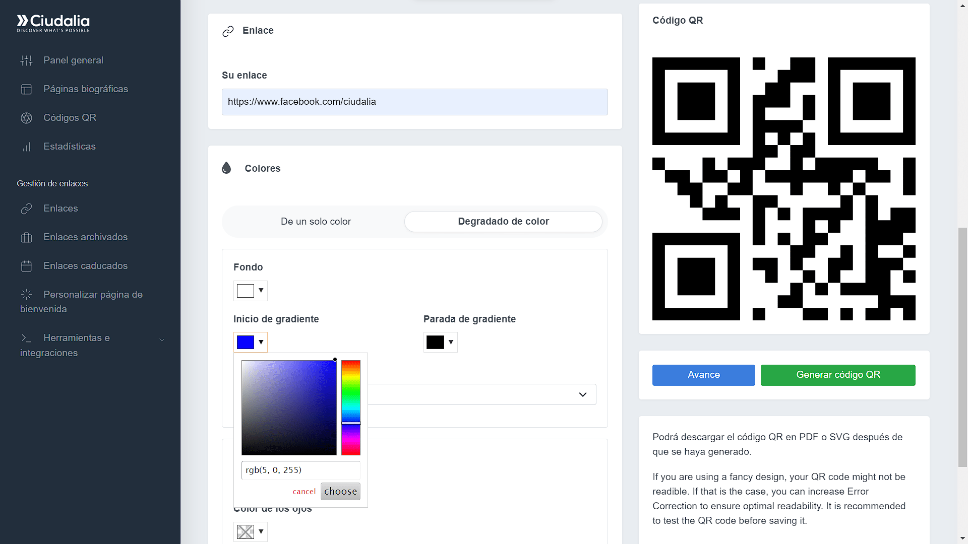 Modifica el "**Inicio de gradiente**" y "**Parada de gradiente**" con un color