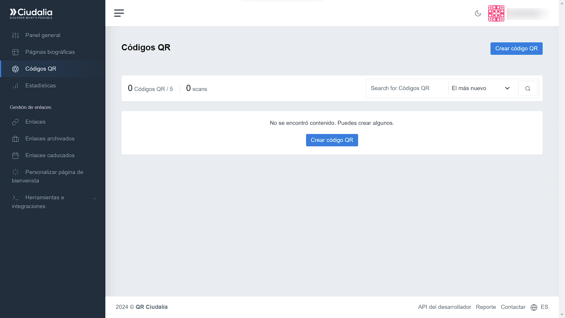 Haz click en el botón "**Crear código QR**"