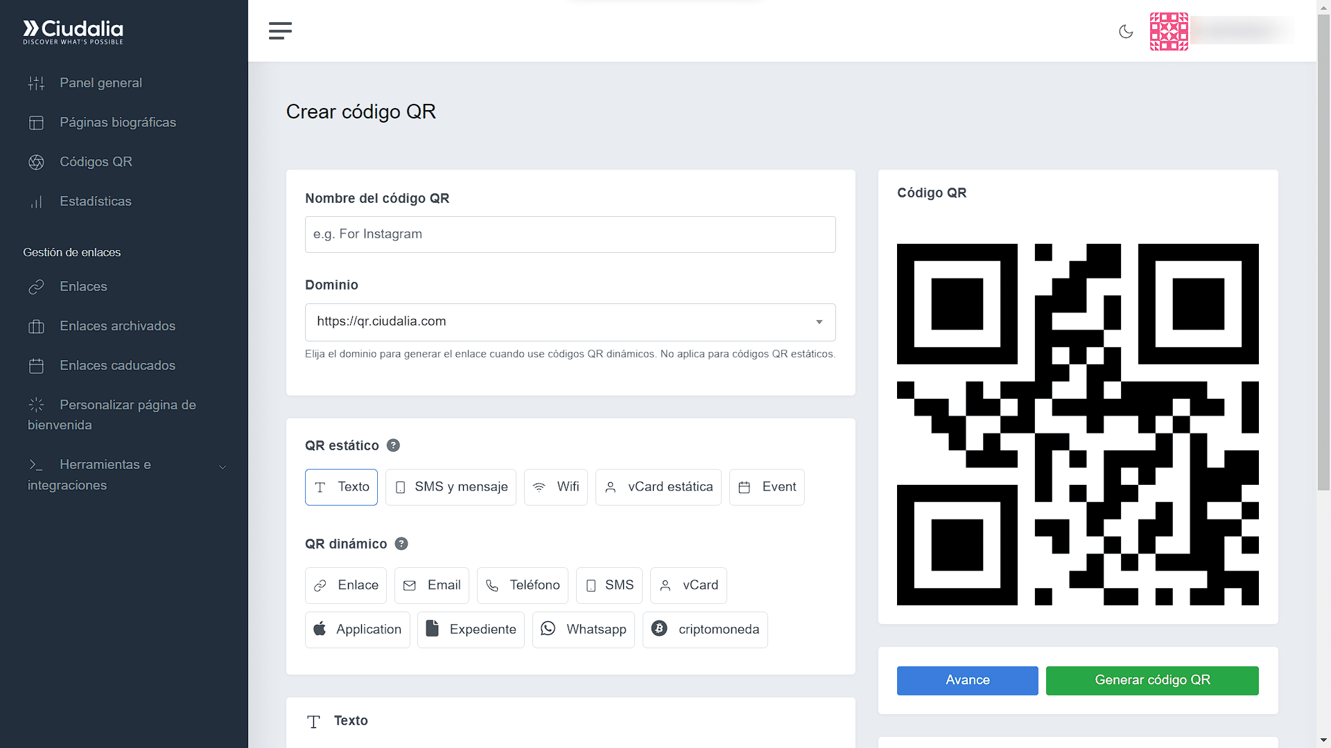 Asigna un nombre para tu Código QR y un Dominio