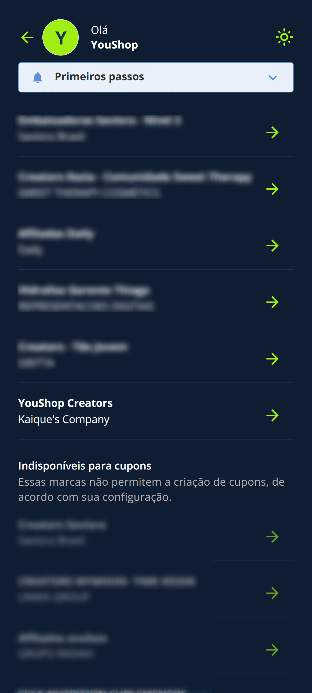 Selecione a marca para a qual deseja criar um cupom.