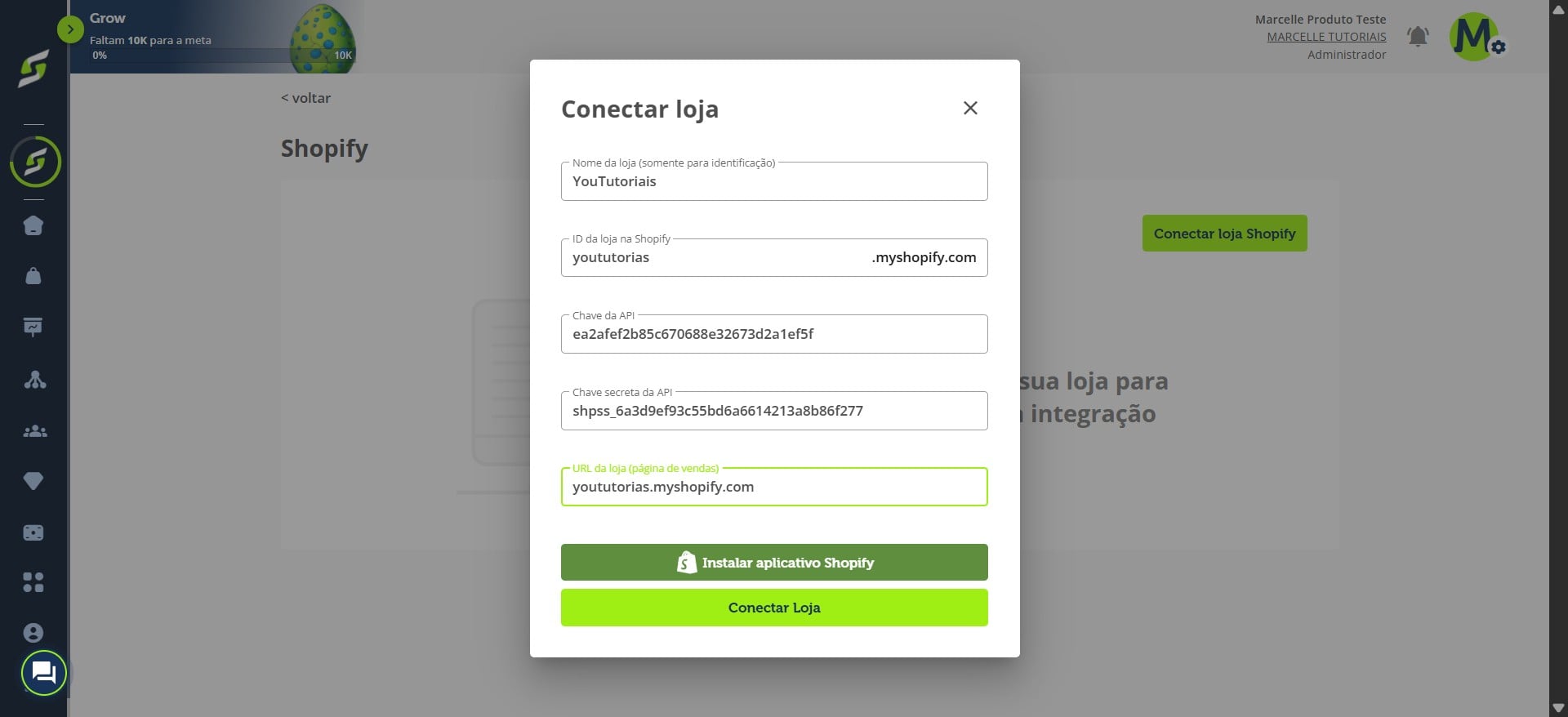 Cole essa URL no campo URL da loja (página de vendas) na YouShop.