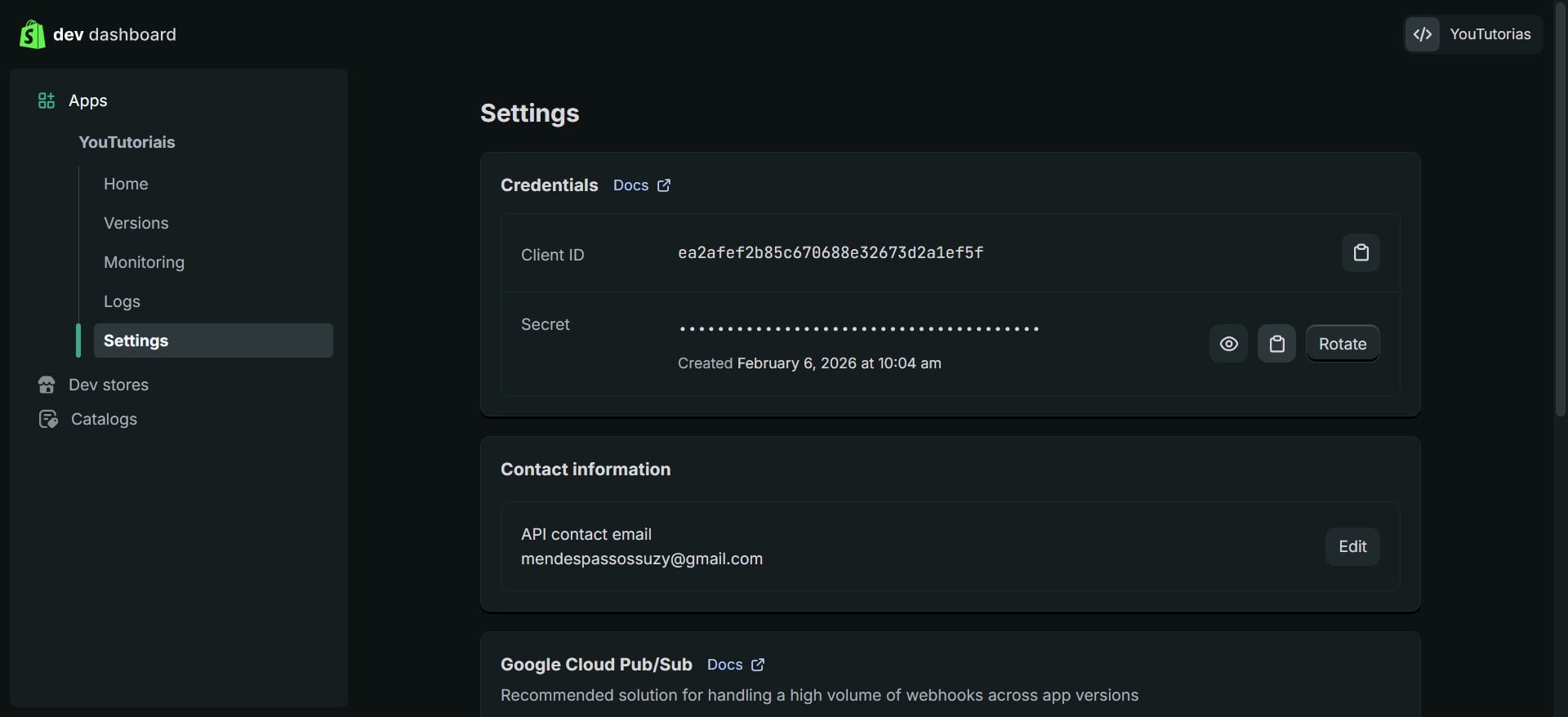 Volte para a Shopify, copie a Client Secret (chave secreta).