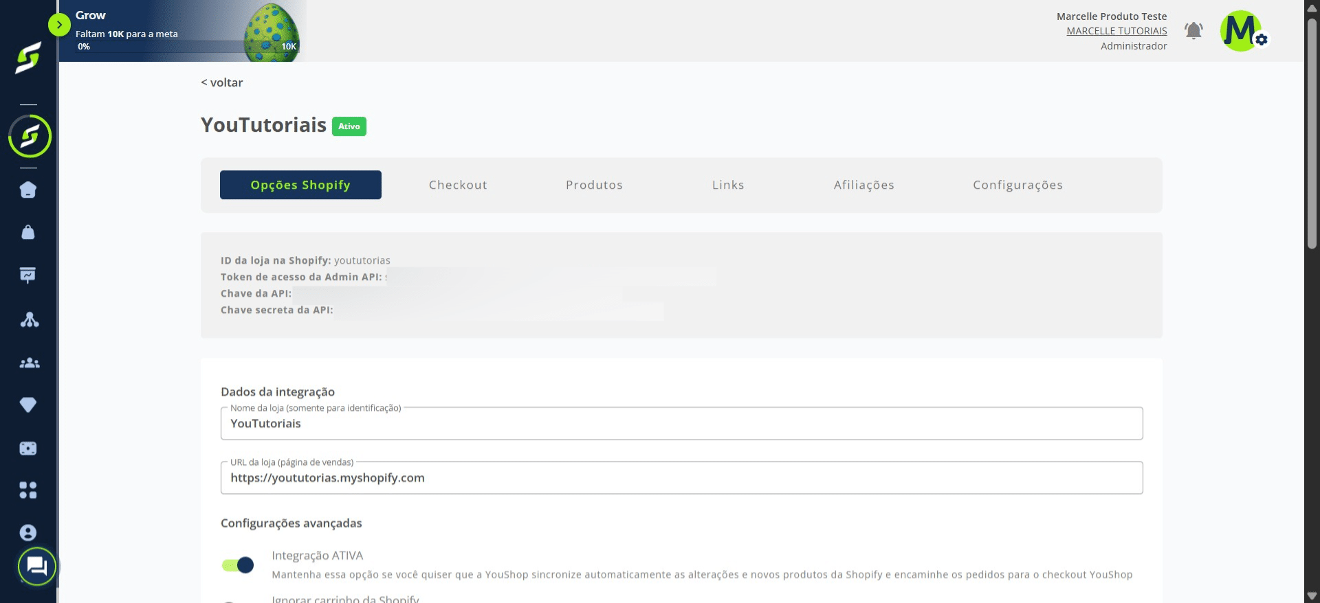 Pronto! Sua loja Shopify foi conectada com sucesso à YouShop.