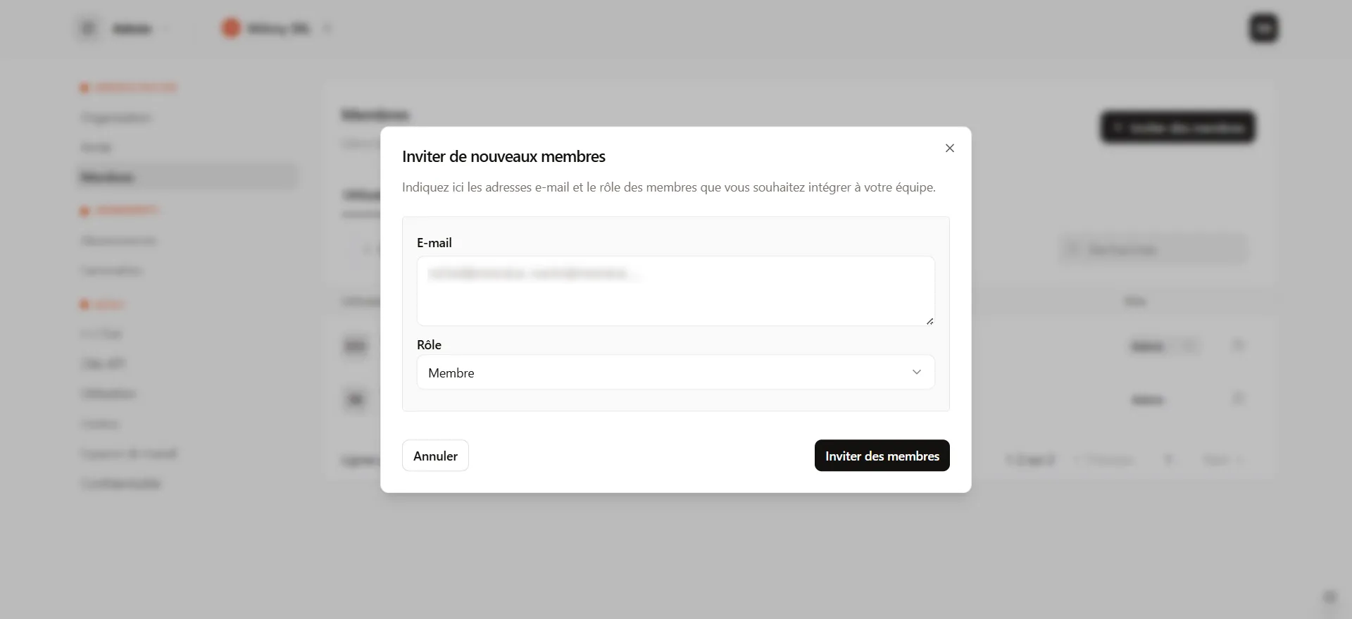 Une fenêtre d’invitation s’ouvre.

Saisir l’adresse du nouvel administrateur

Dans le champ d’email, entrez son e-mail
 exemple: admin@iterates.be

