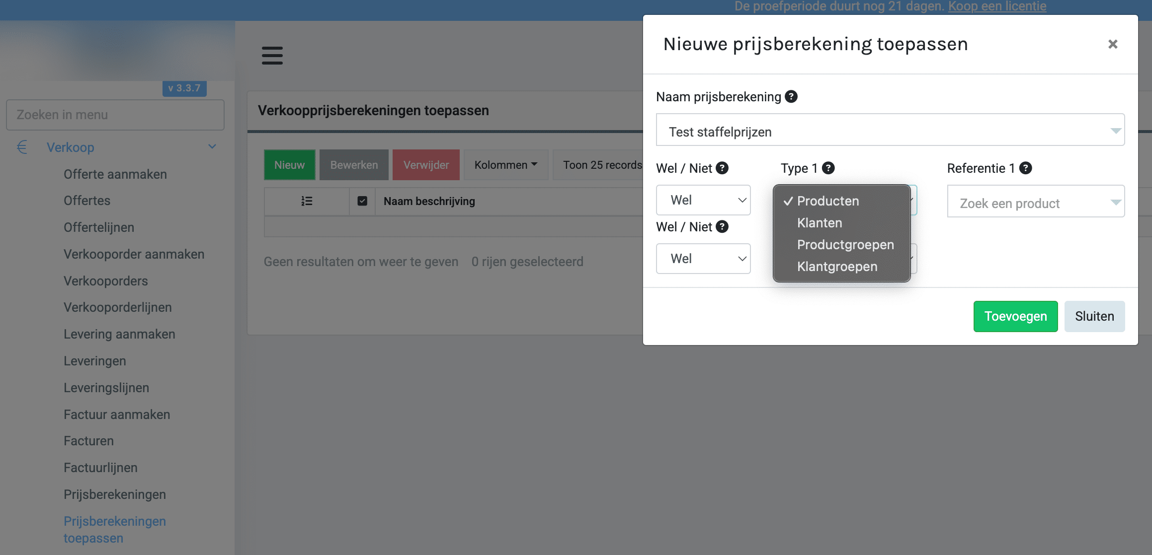 Hieronder vind je een voorbeeld van hoe de prijsberekening (staffelprijzen) kan toegepast worden.
Je kan ervoor kiezen om een bepaalde prijsberekening toe te passen op een product, klant, productgroep of klantengroep.