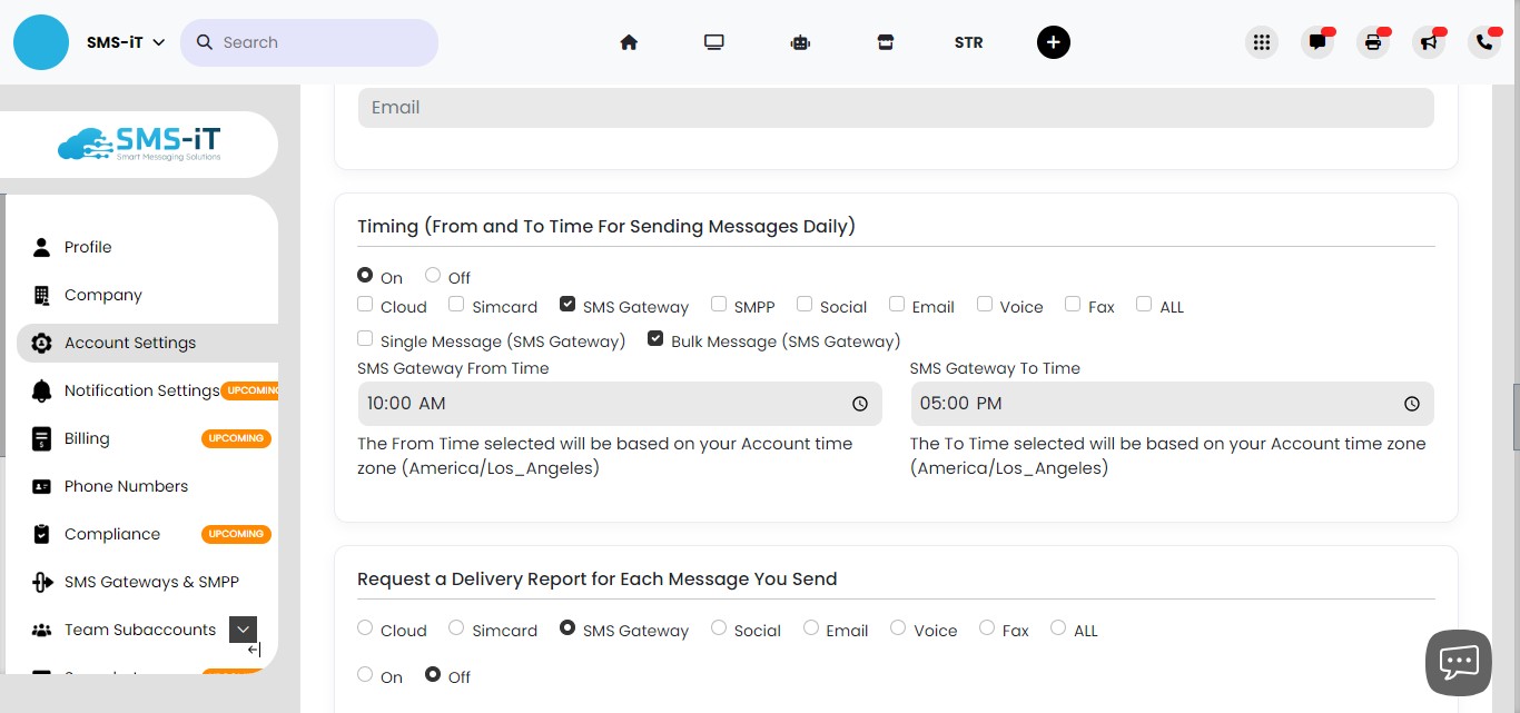Set the timing for your SMS Gateway and reminder channels. Bulk Message settings are for Smart Tools and Bulk Sends; Single Message settings are for two-way conversations started by clients via keywords in Smart Tools or the Smart Inbox.