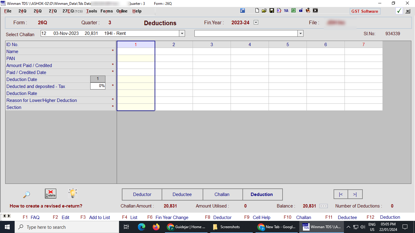 Click on Deduction Option to open deduction window and enter details against the challan paid 