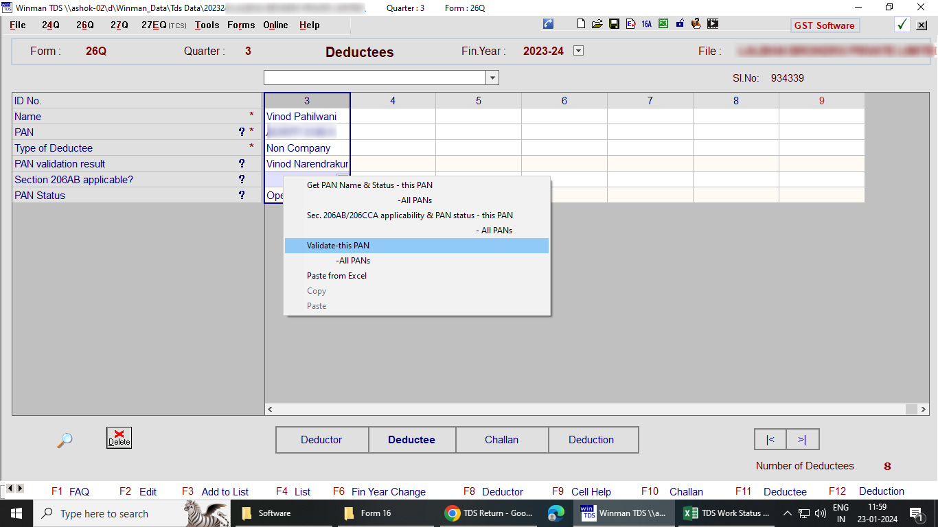 Click on "Validate" option to validate the details of the deductee entered 