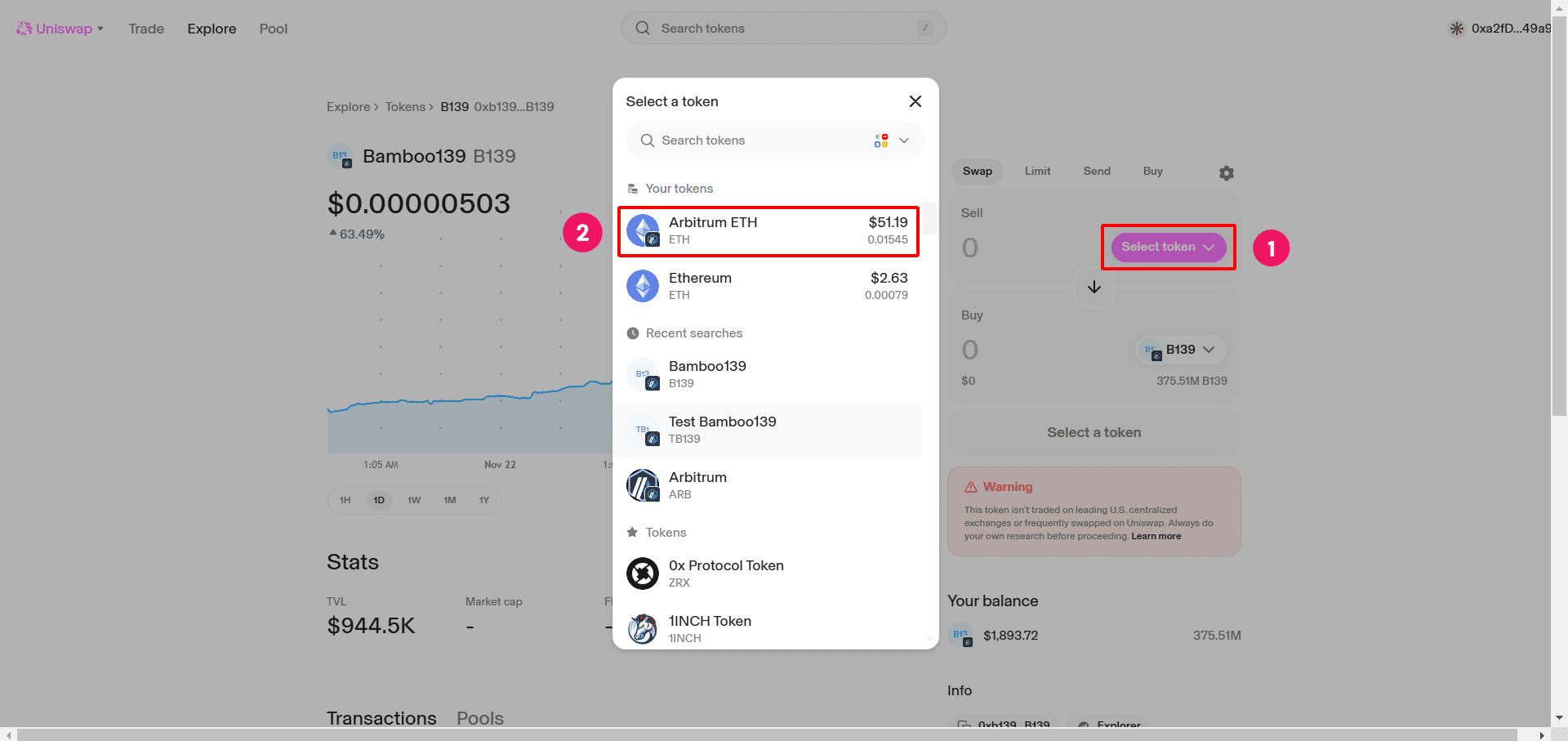 Bấm vào “**Select token**” → Chọn **Arbitrum ETH**