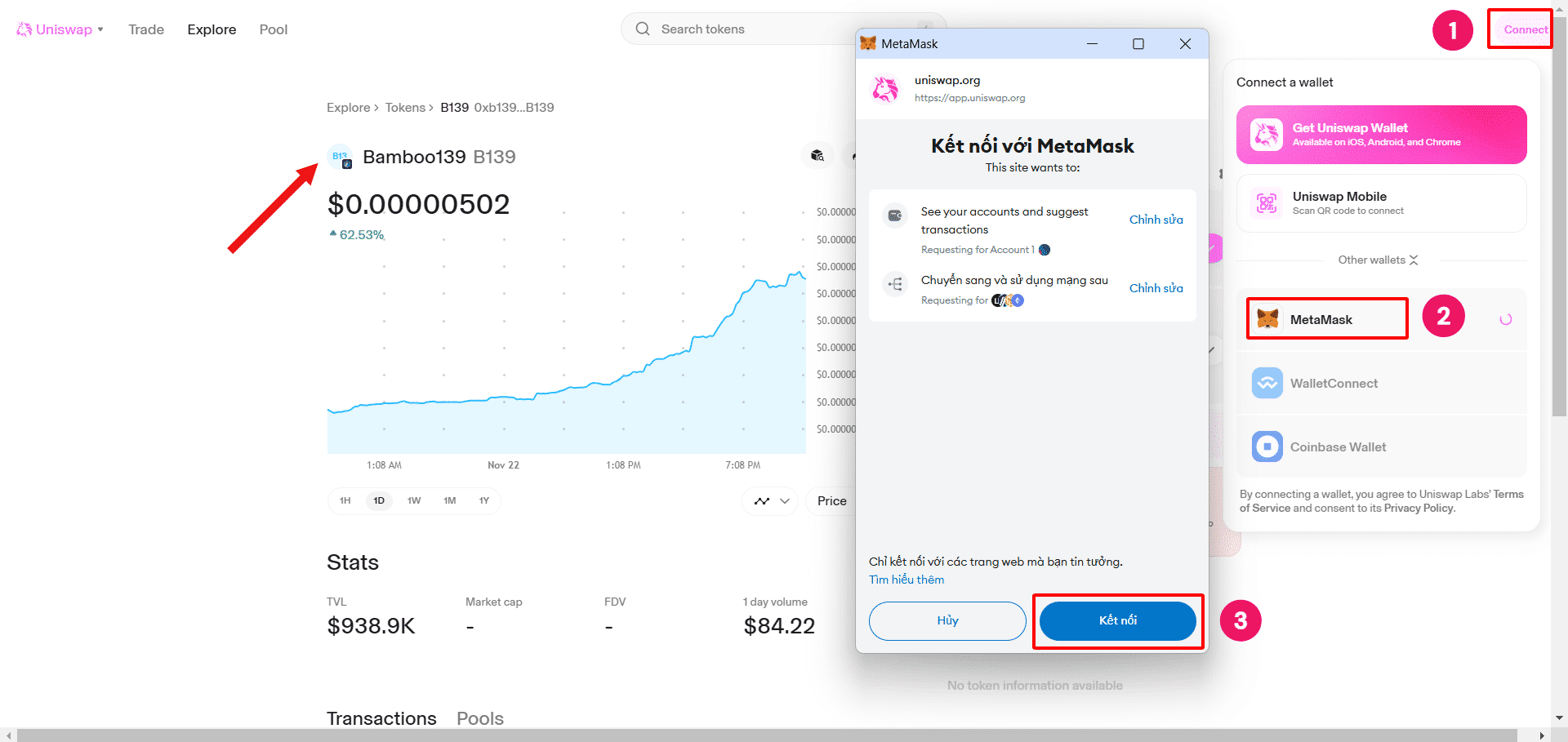 Tại giao diện B139, chọn “**Connect**” → Chọn ví MetaMask → Chọn “**Kết nối**”