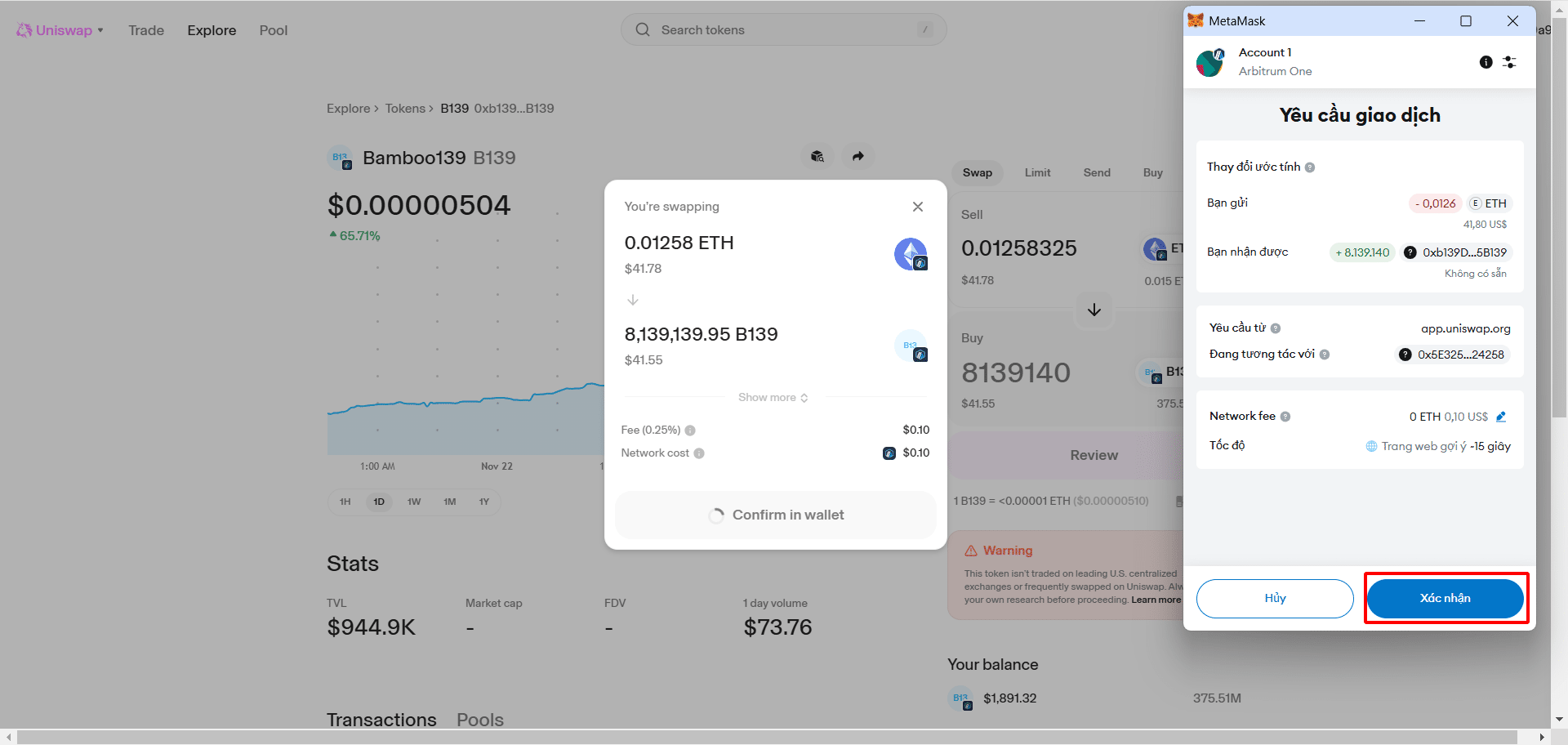 Thông báo của ví MetaMask hiện lên -> Chọn "**Xác nhận**" để hoàn tất giao dịch chuyển đổi TB139
