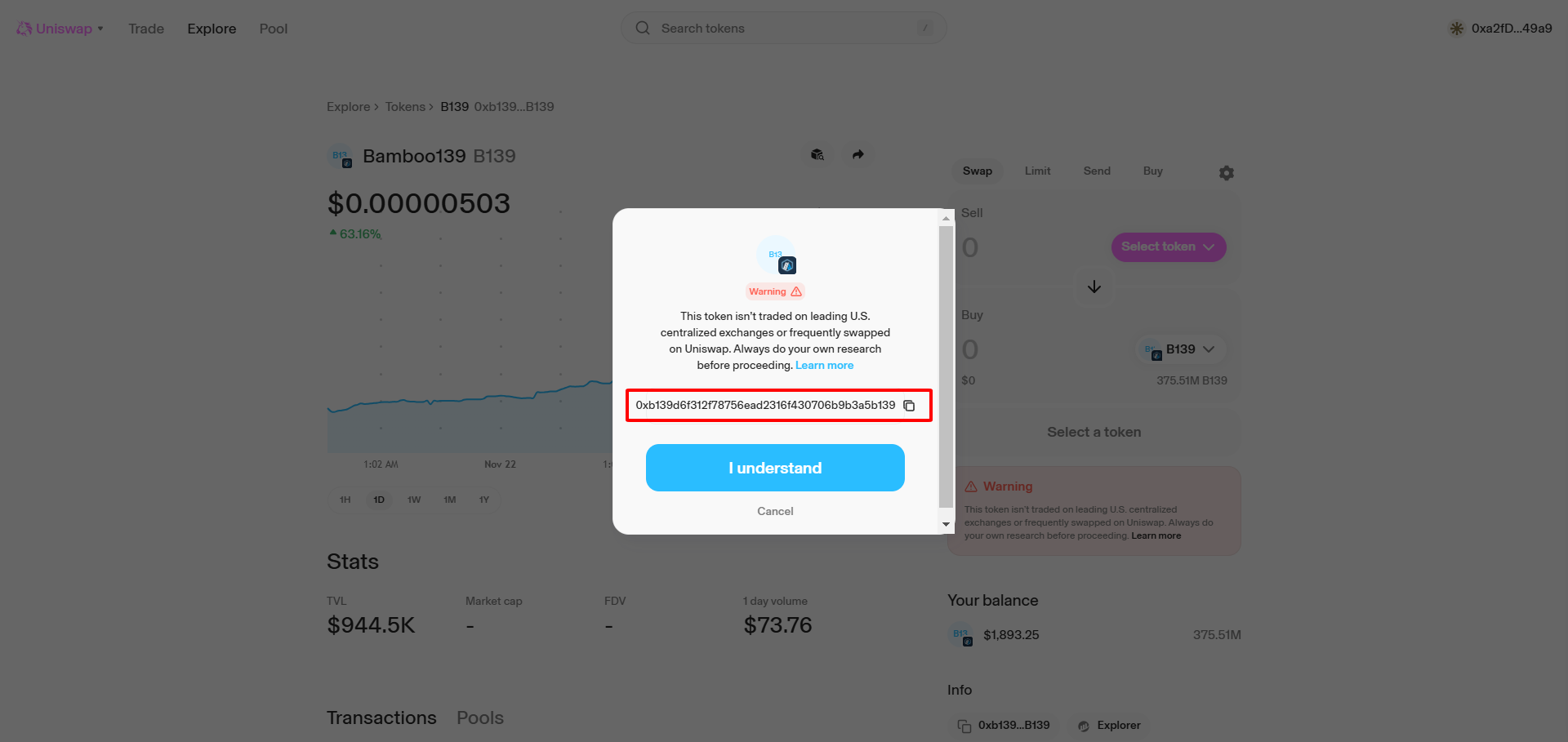 Kiểm tra đúng contract của $B139 -> Bấm vào "**I understand**" tại màn hình thông báo để bắt đầu giao dịch chuyển đổi.