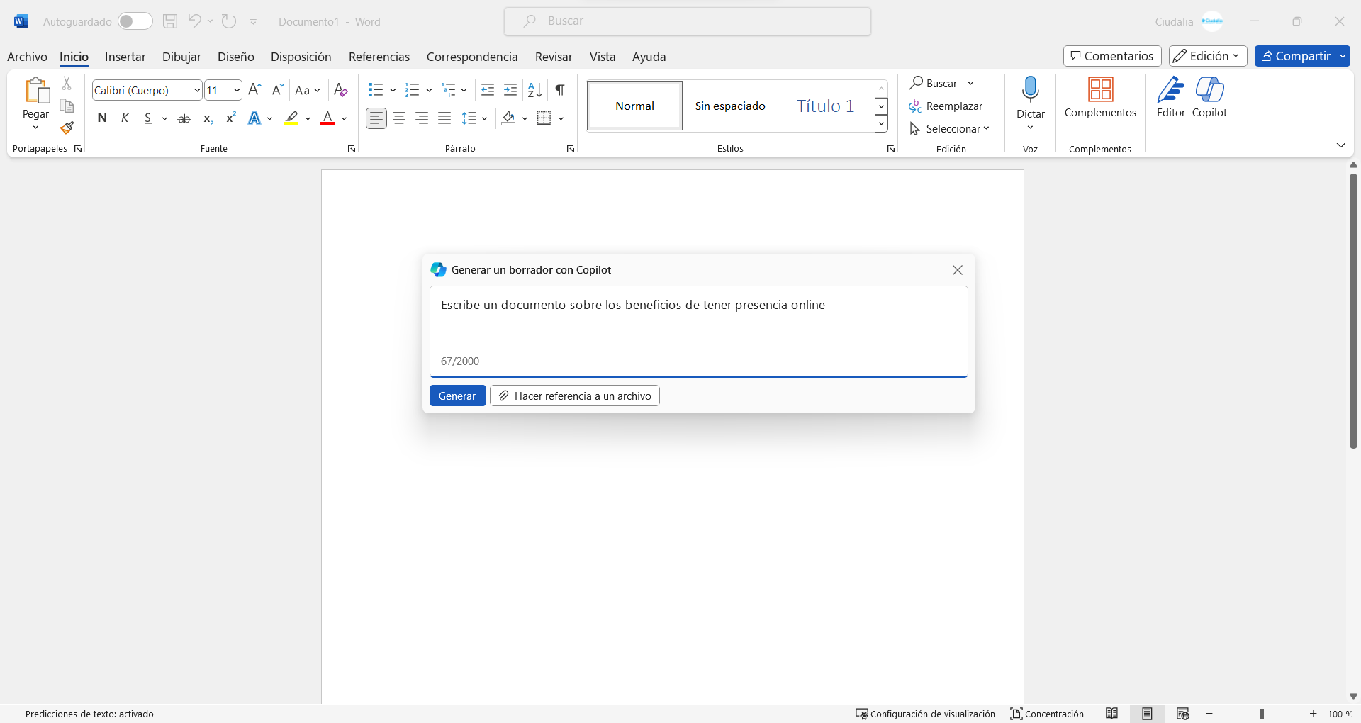 Describe lo que necesitas realizar incluyendo detalles para ser mas especifico el documento. Luego haz click en "**Generar**"