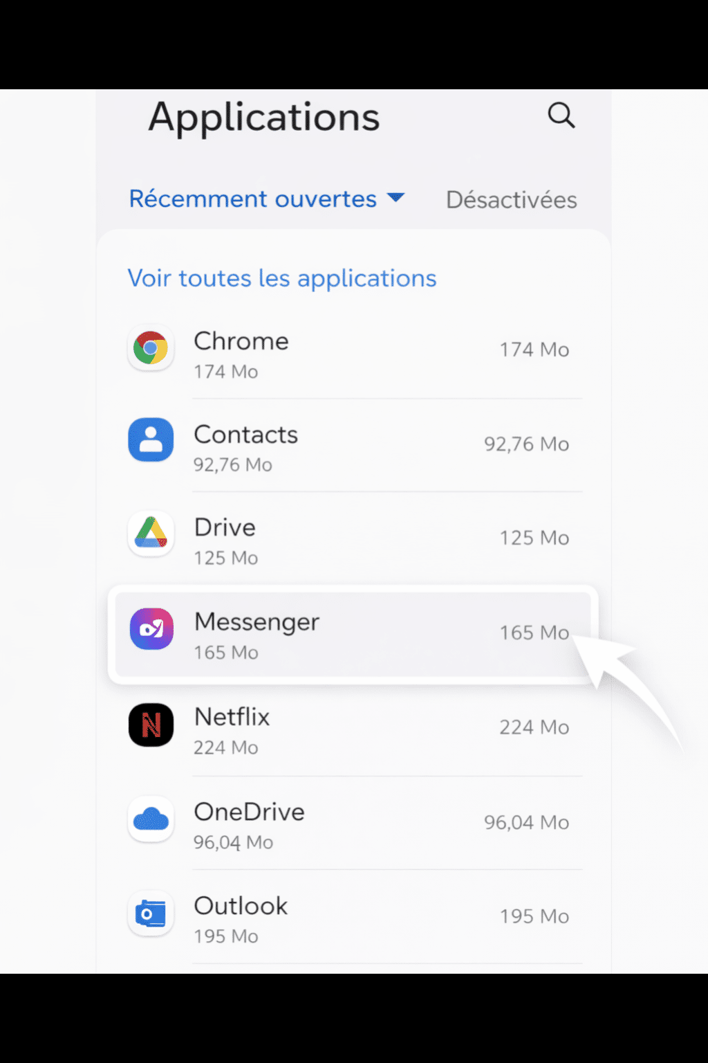 ## Choisir une application
&nbsp;
**Sélectionnez l’application** dont vous souhaitez vider le cache.
exemple messenger