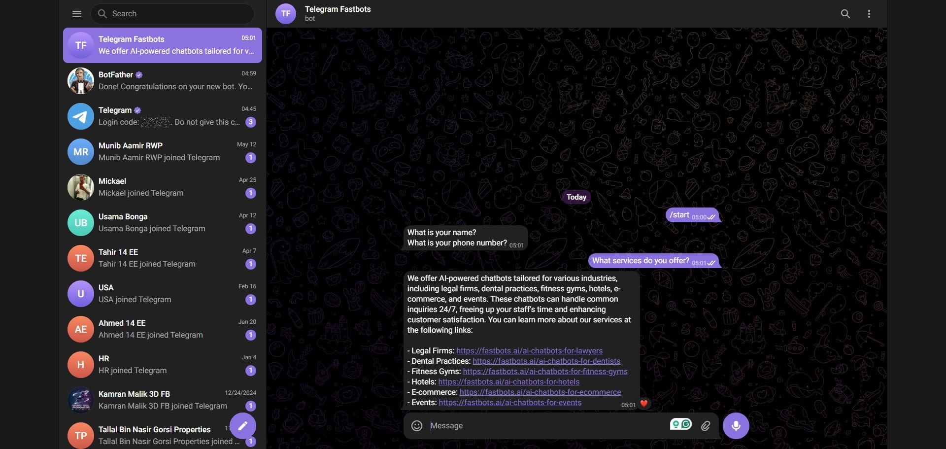Now, you can send message to your Telegram phone number and the chatbot will respond to all messages. 