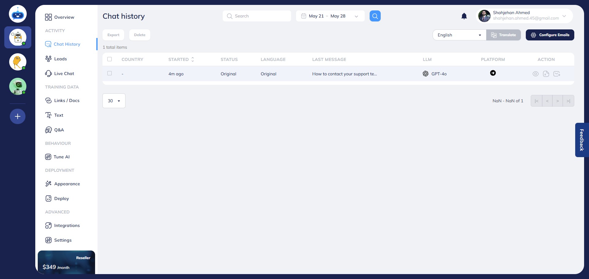 You can check all the conversations in your chatbot on the “chat history” page. 