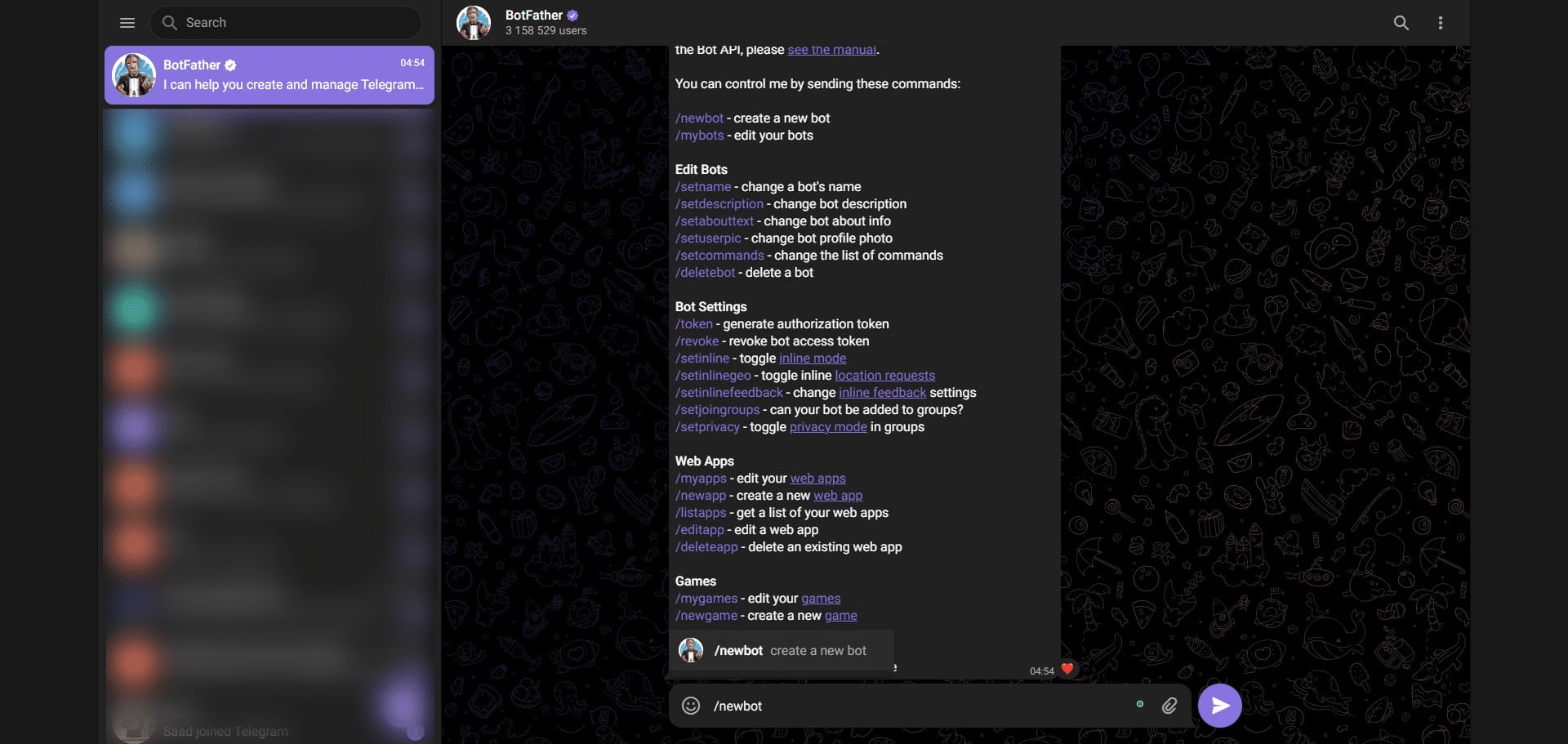 Create a  New Bot by typing the "/newbot" command