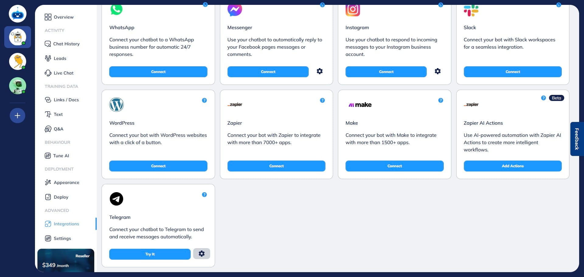 If you want to update the bot token and connect a different Telegram account to the chatbot, click on the "Settings" icon on the integration page. 