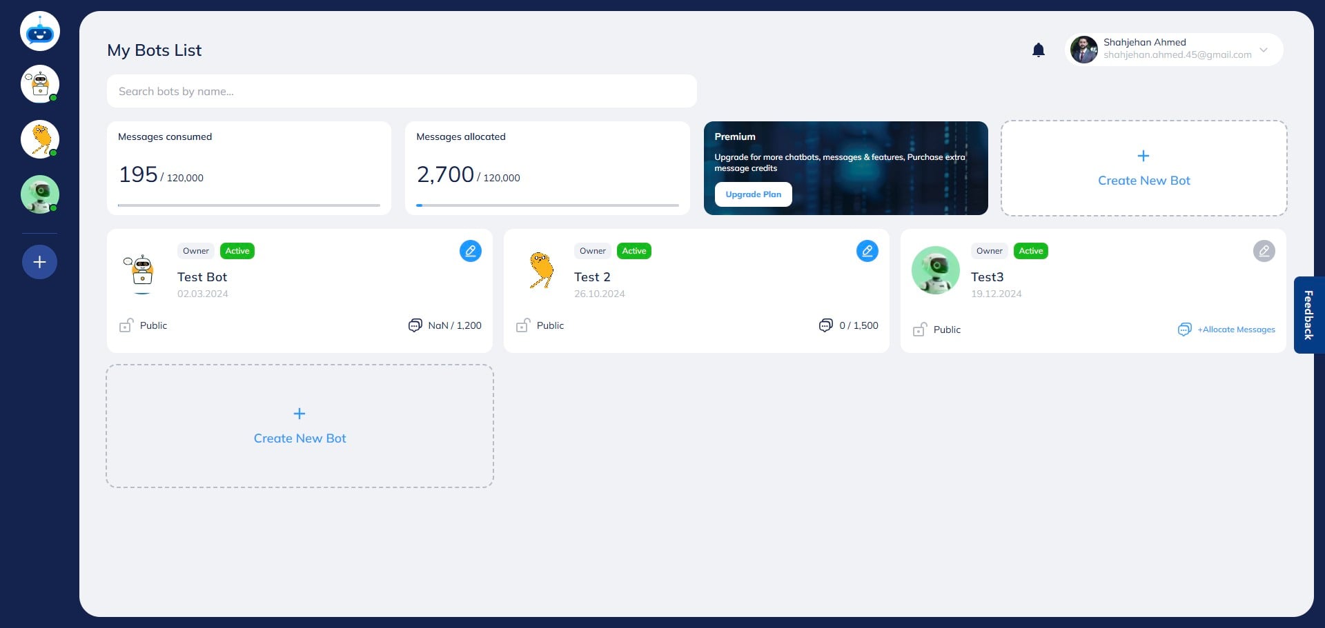 Navigate to https://app.fastbots.ai/ and open the chatbot you want to connect to your Telegram account. 