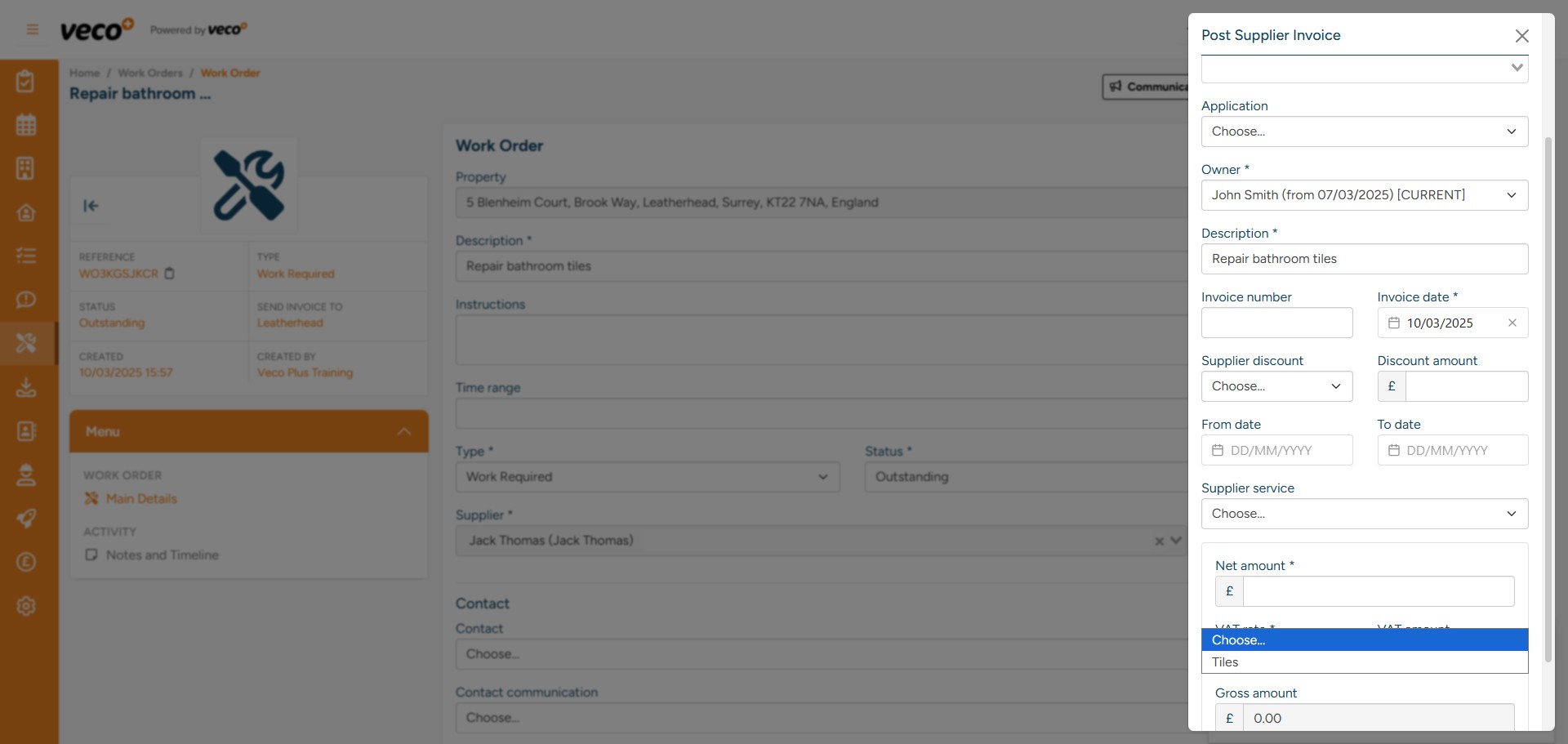 Selected Suppliers may have ‘Services’ they provide that will already be added to their supplier record. When creating the Supplier Invoice, you can select a ‘Service’ if they have been added to the Supplier record. This will then add the correct amount to be invoiced depending on the service 
