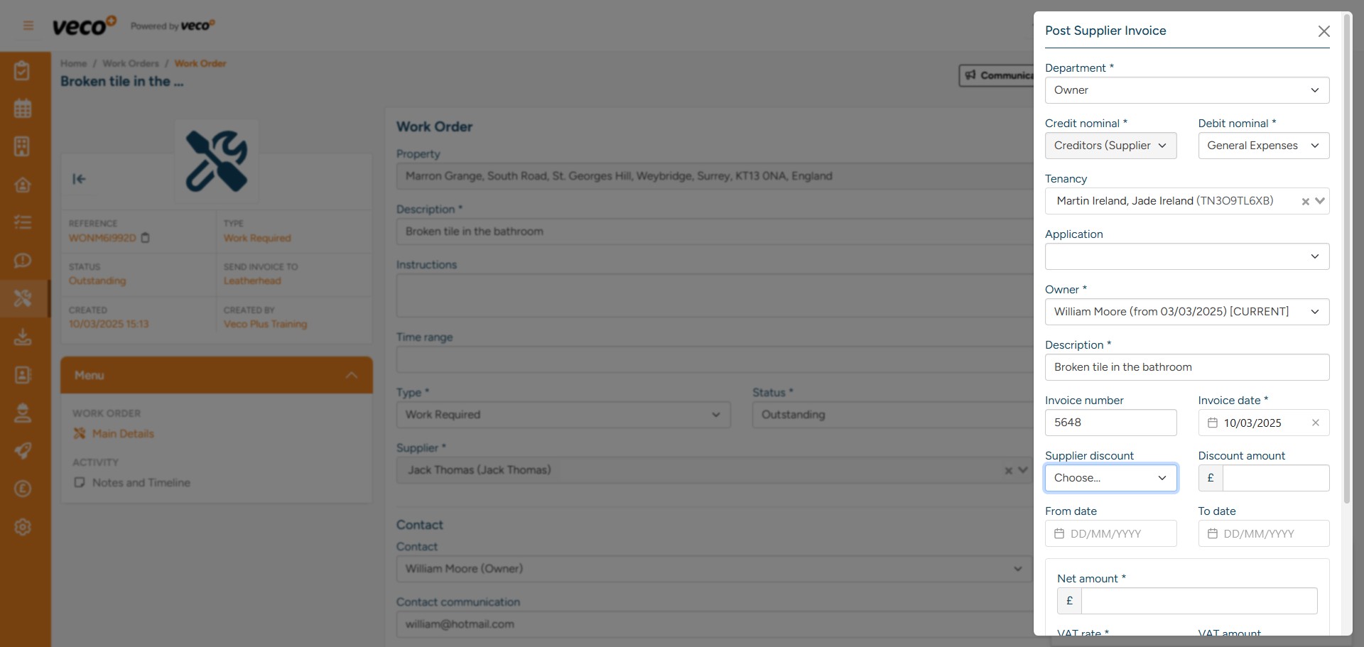 When posting a supplier invoice, it is important to check the Description, Invoice Number and Net amount are all correct – these will be carried over from the information added to the ‘Work Order’
