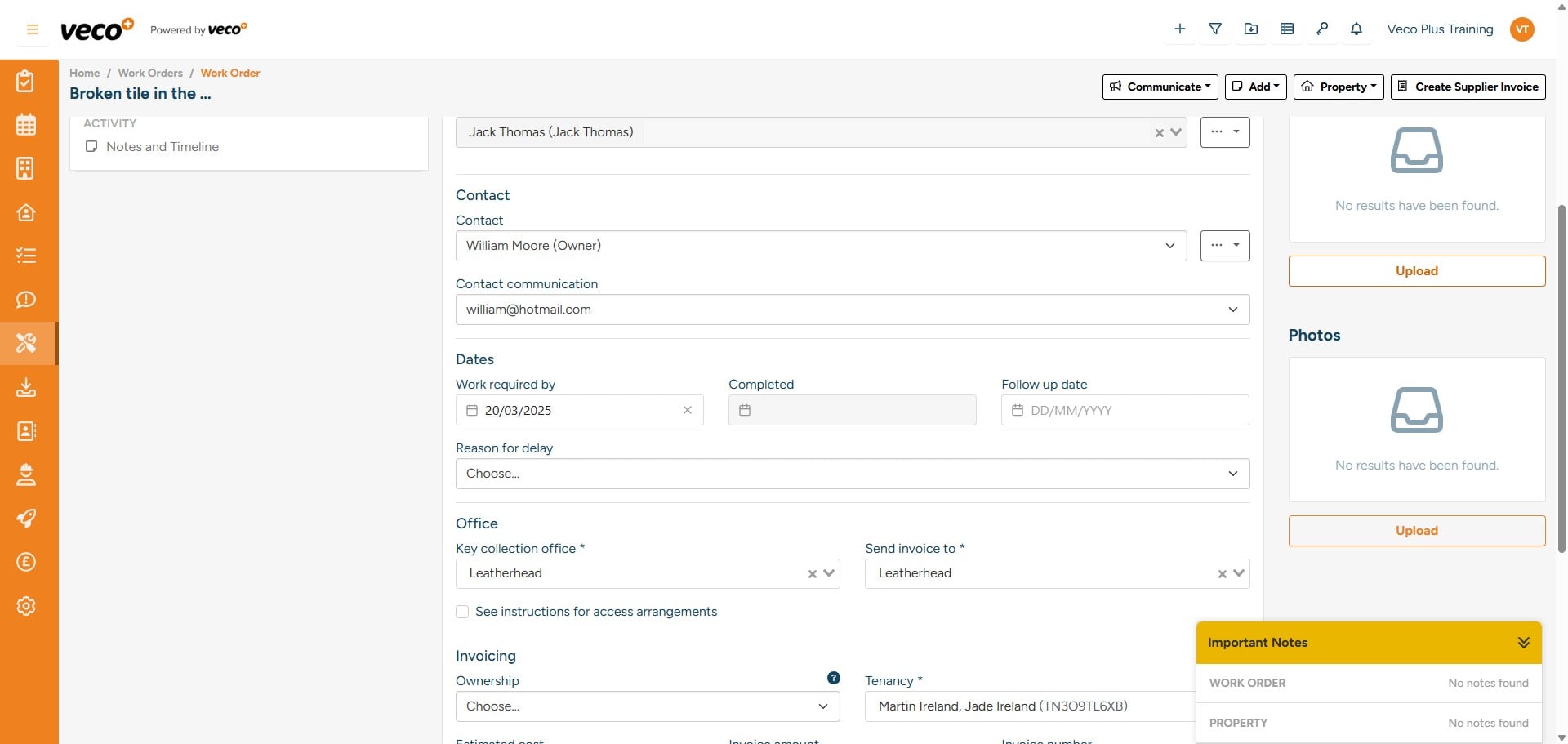 To add documents or photos, select ‘Upload’ on the right side of the ‘Work Order’