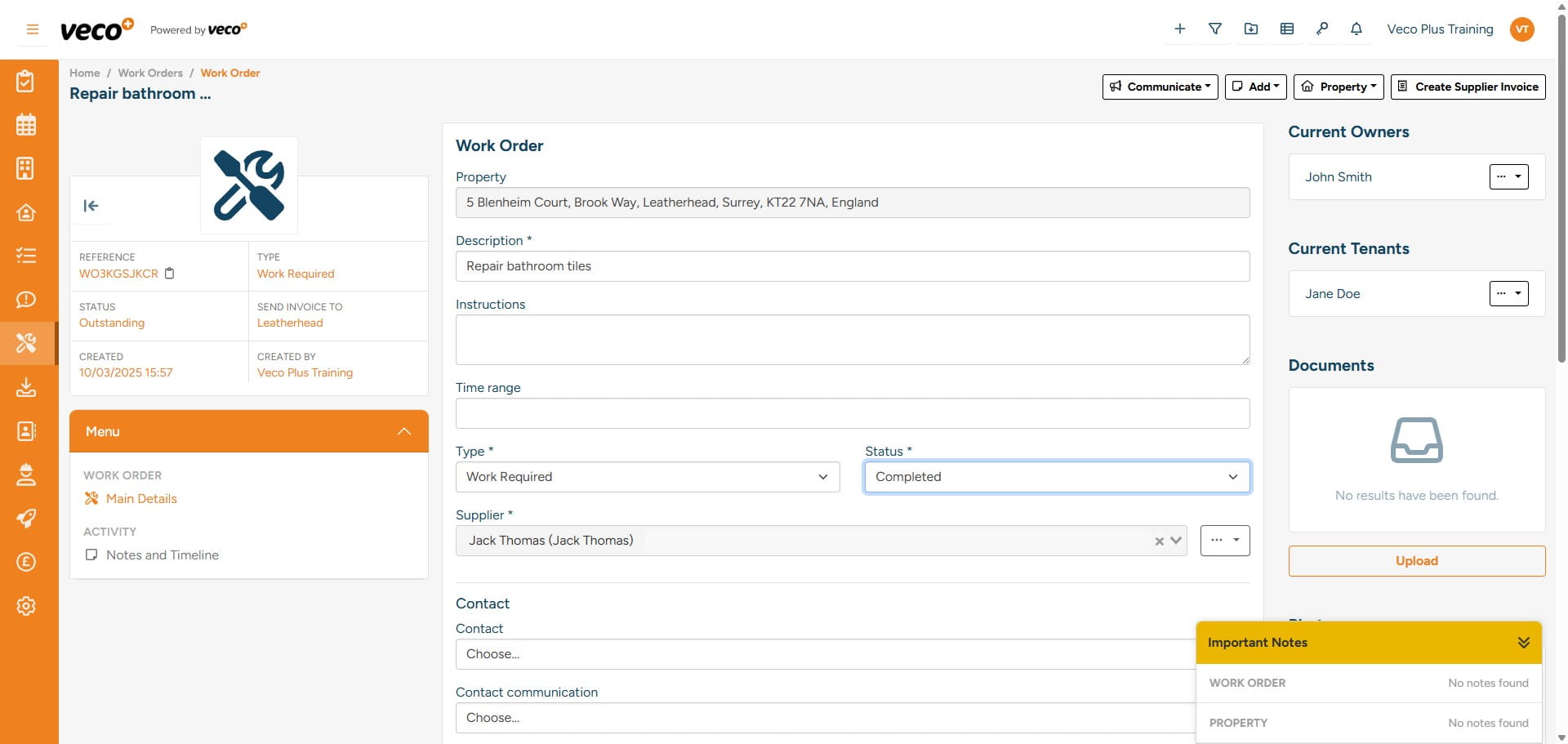 The Work Order will now have a status of ‘Completed’. A completed Work Order cannot be edited. You have now successfully raised a Work Order and created an invoice for the supplier 
