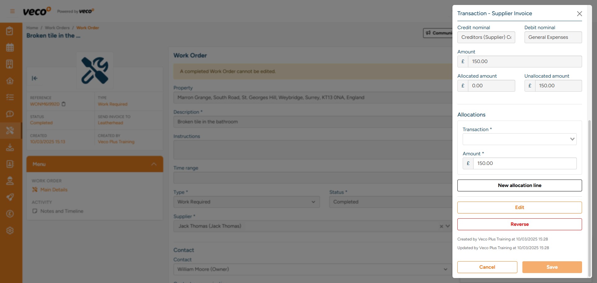 Now the Supplier Invoice has been posted, you will be shown a summary of the transaction. This transaction summary will give you an option to allocate the Supplier Invoice, as there will be no payment to allocate to at this point – select ‘Cancel’ 

