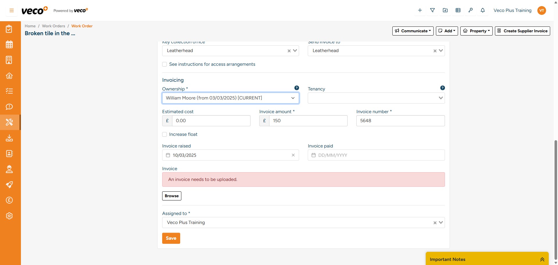 Once the Supplier has completed the work and sent over the invoice, on the ‘Main Details’ of the Work Order, you can now add the invoice and invoice information in preparation for payment. Complete the ‘Invoice Amount’ and ‘Invoice Number’ – as shown below
