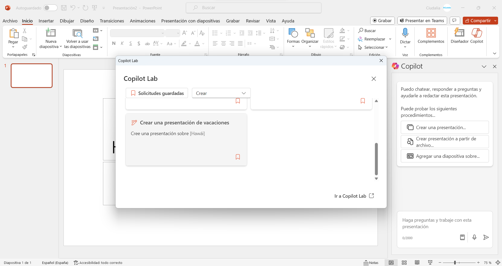Se desplegara varias opciones predeterminadas para generar diferentes textos y presentaciones. Selecciona la que necesites.