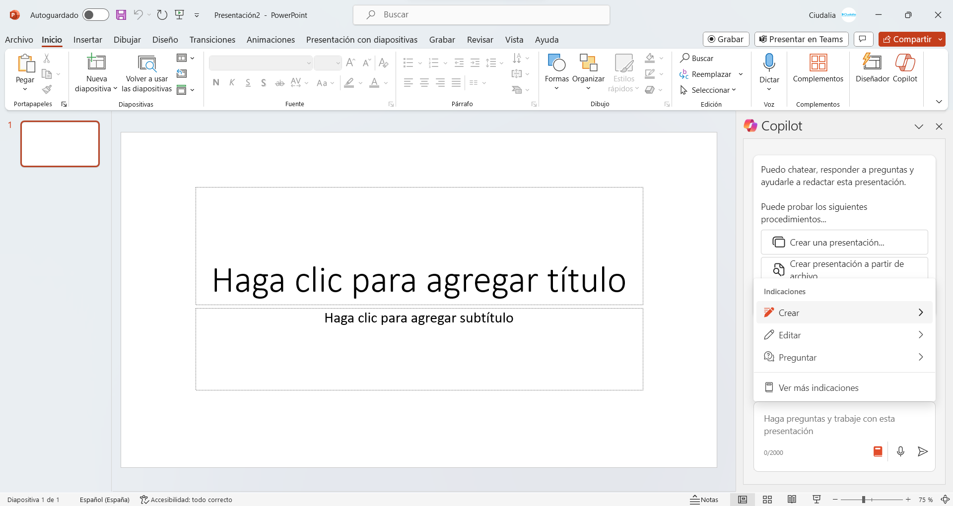 Selecciona el siguiente icono y haz clic en la opción de "**Crear**"