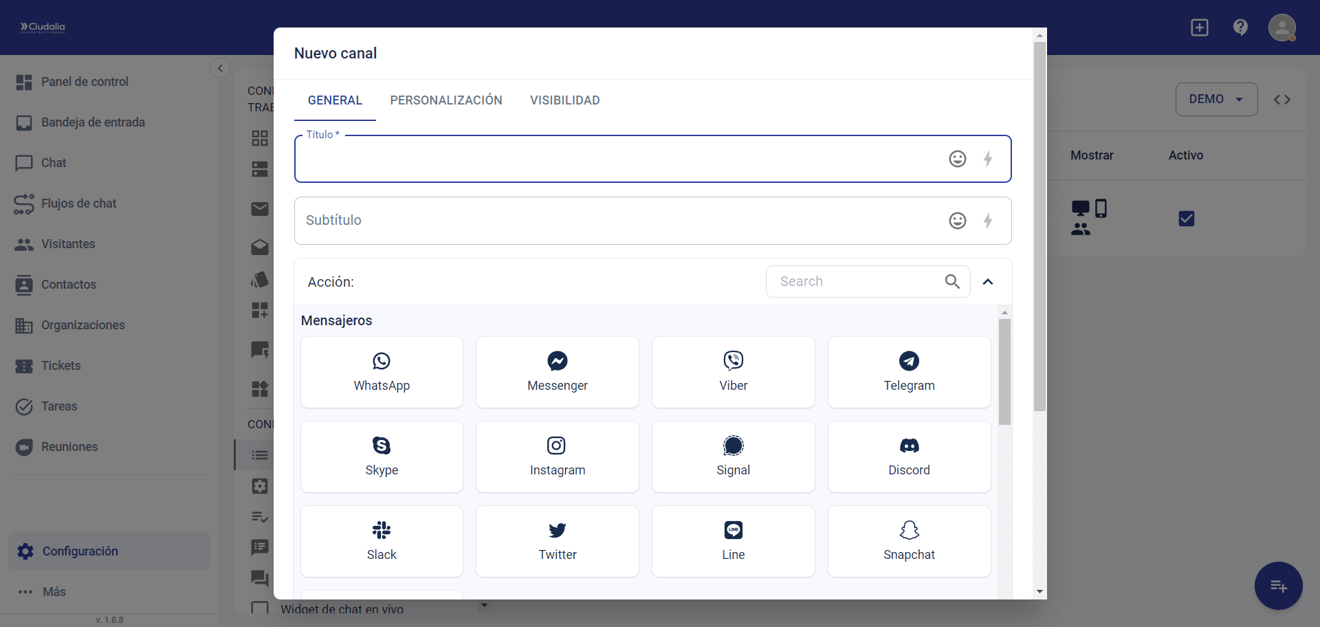 Asigne un **Título**, un **Subtitulo** y haz click en cualquiera de las acciones que necesites.