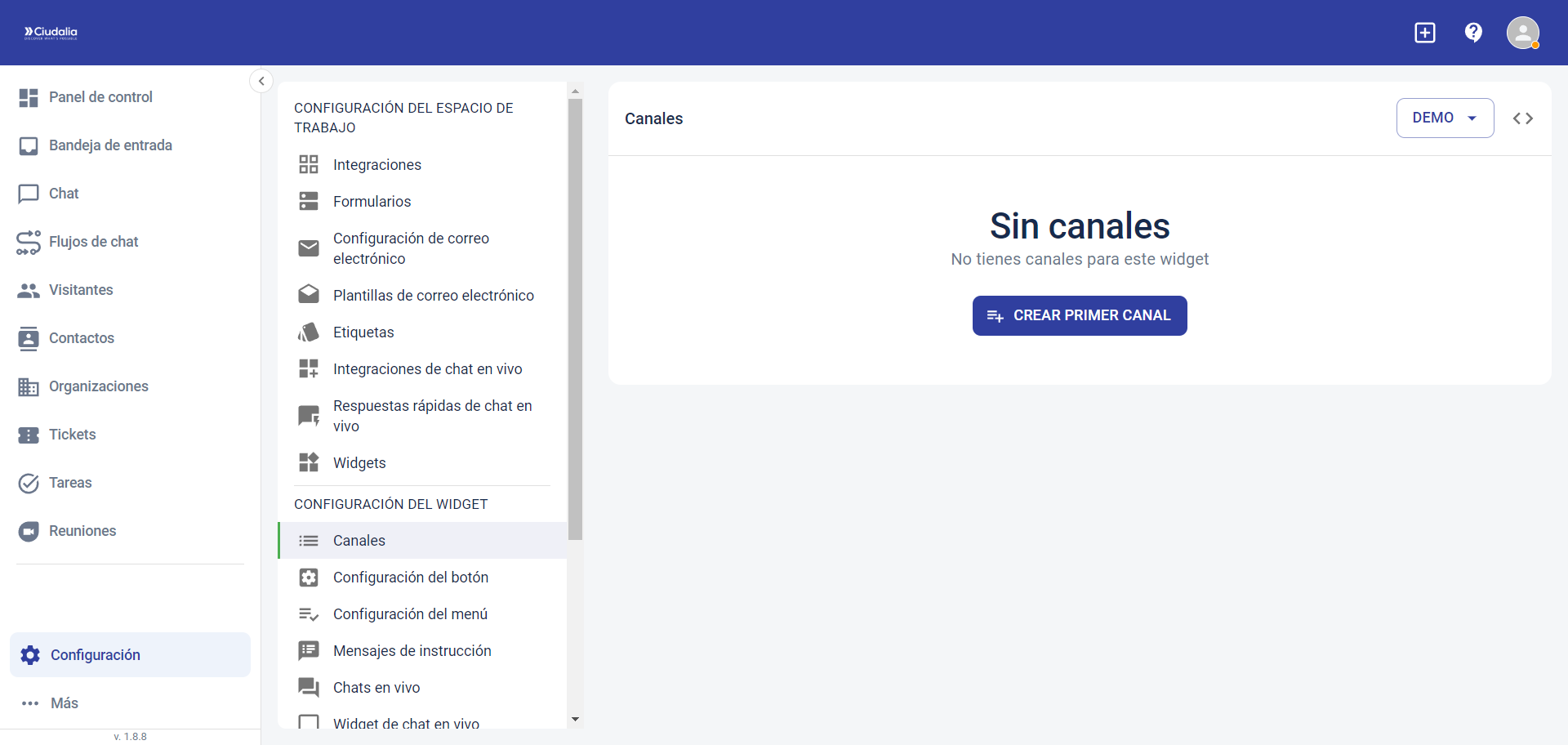 Haz click en **CREAR PRIMER CANAL**.