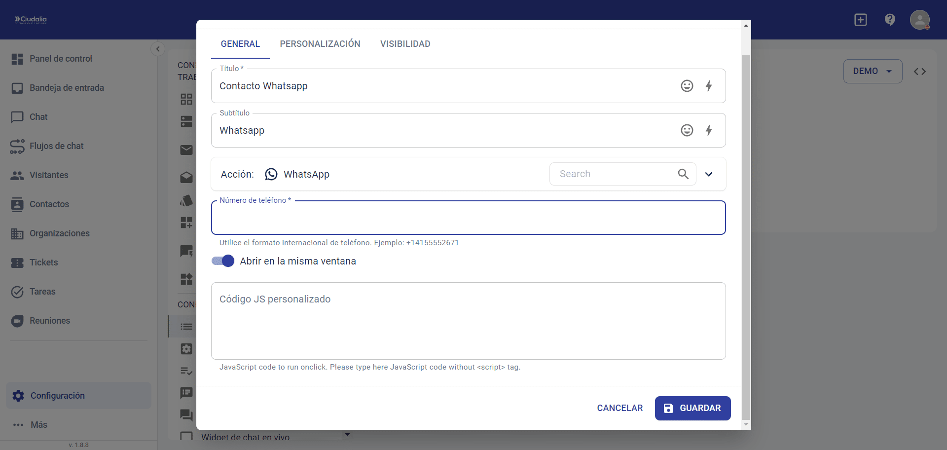 Al seleccionar **WhatsApp**, se debe asignar un número de teléfono en el nuevo campo. Luego haz click en **Guardar**.