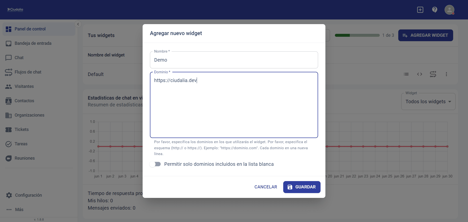 Asigne un nombre y los dominios, comenzando con su respectivo **https://** o **http://** y haz click en **Guardar**.