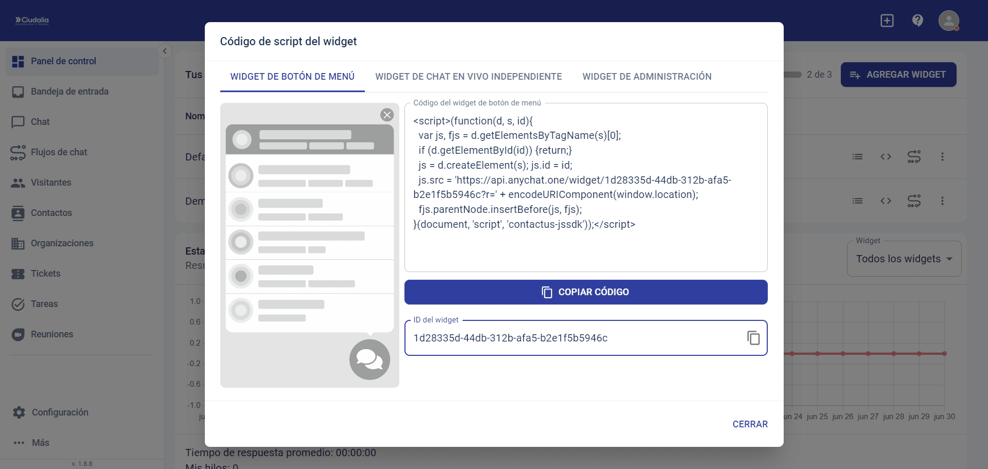 En la sección de **WIDGET DE BOTÓN DE MENÚ** haz click en **COPIAR CÓODIGO**.