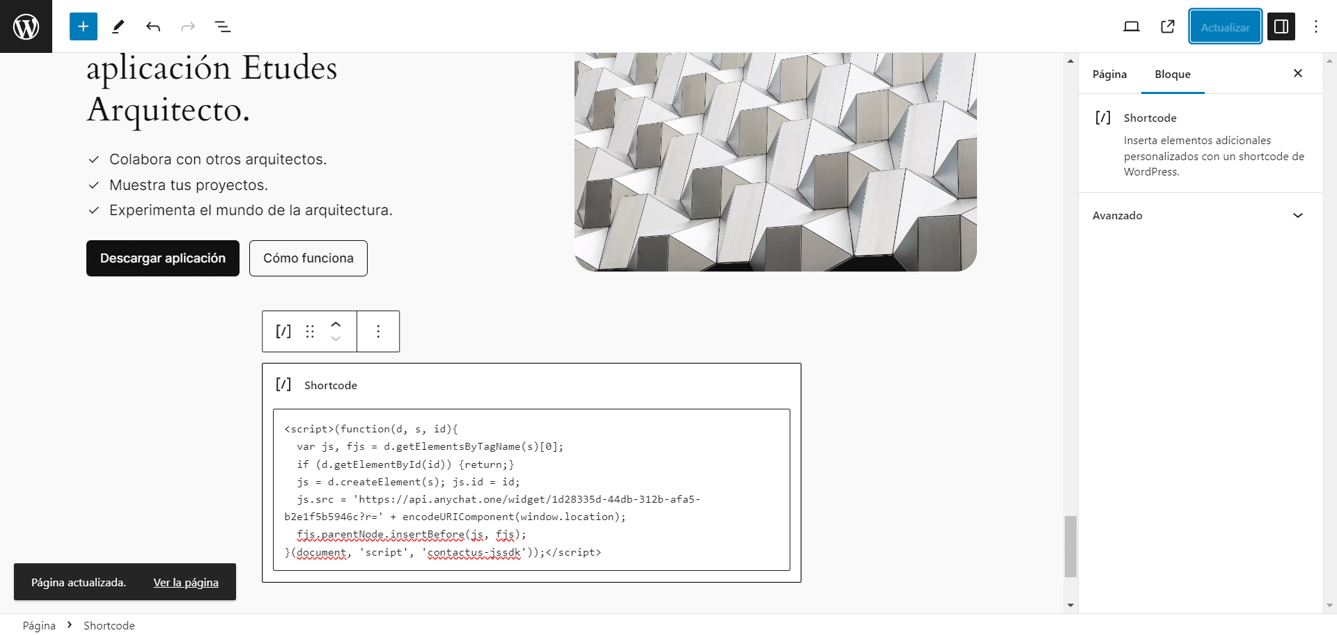 Luego, pega el **Código** en un **Shortcode** al final de la página de inicio de tu web.