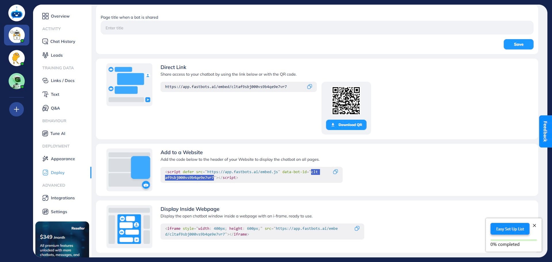 Go back to your chatbot and copy the Embed ID. The highlighted key is your chatbot's embed ID. Just copy the text within the quotation marks, as shown in the screenshot below.