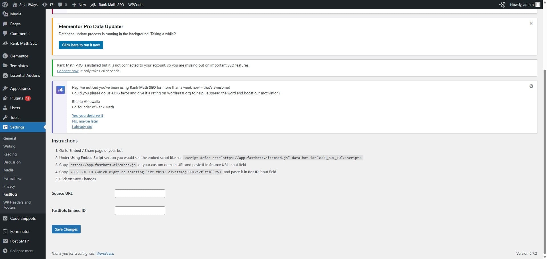 Now, on this page, we have to add the "Source URL" and the Embed ID of your chatbot. You can find it on the Deplpy page of your chatbot.