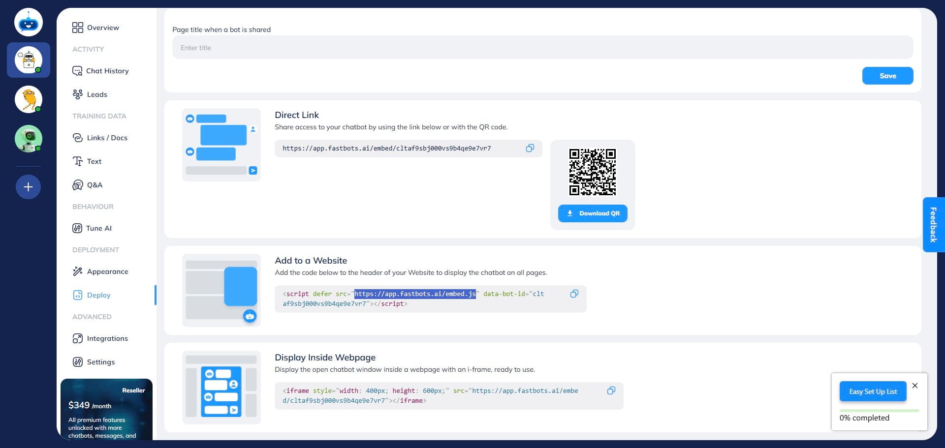 Open the Deploy page in your chatbot. This highlighted link is the "Source URL" of your chatbot. Copy this URL.