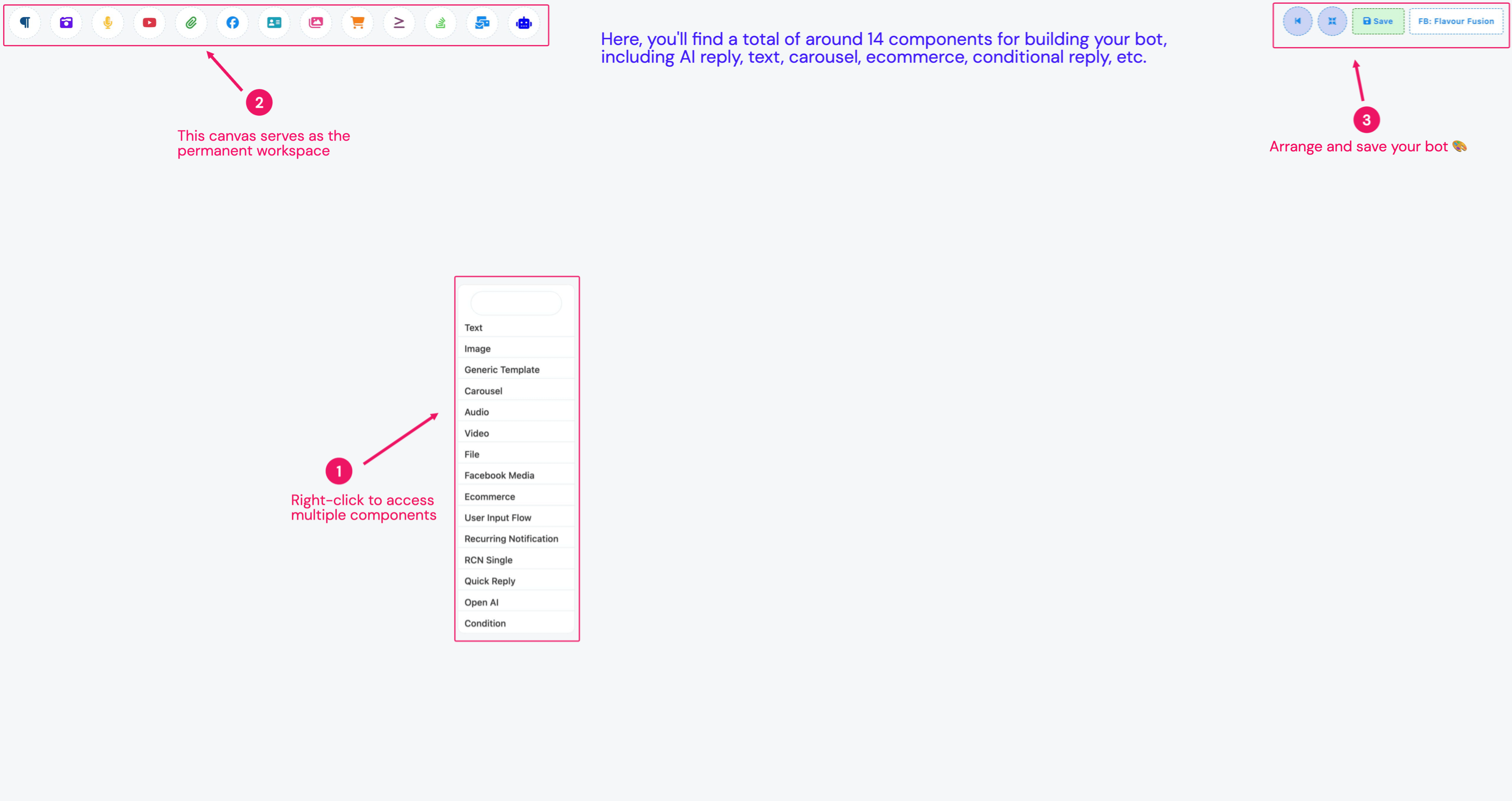 
Well, to build a bot, click on the “Create New Flow” button. And instantly, the editor of the Flow Builder will appear. The editor is divided into two parts – Doc-menu and editor. On the Doc-menu, all the components are gathered together. To build a bot, you have to drag components from the Doc-menu and drop them on the editor. Then you have to configure the components and connect them to each other. On the Doc-menu, there are 13 components.


