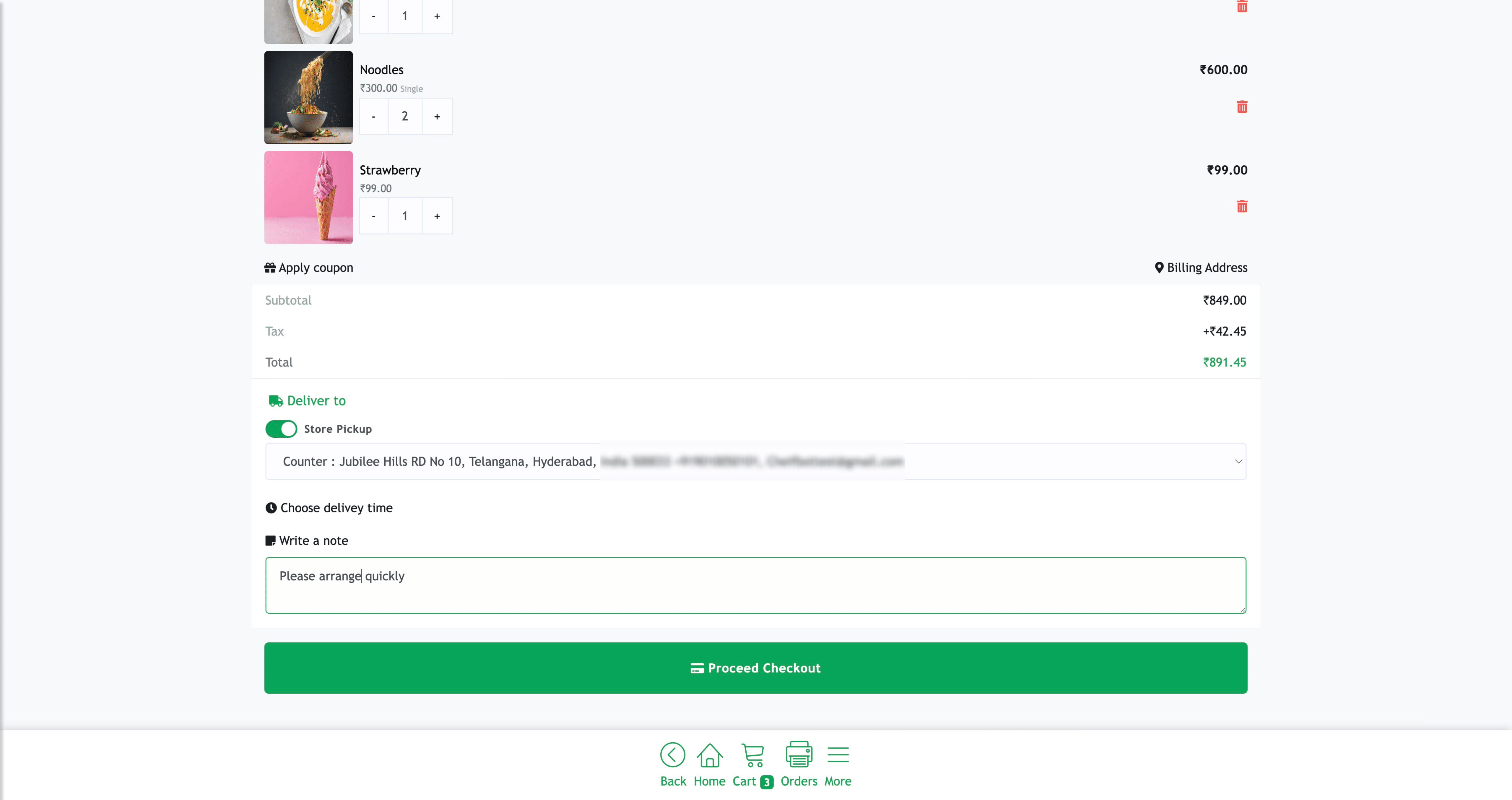 Choose "Store Pickup" or "Dine-in" options, and provide notes to the cook for customization before proceeding to an easy checkout process. 🛍️📝





