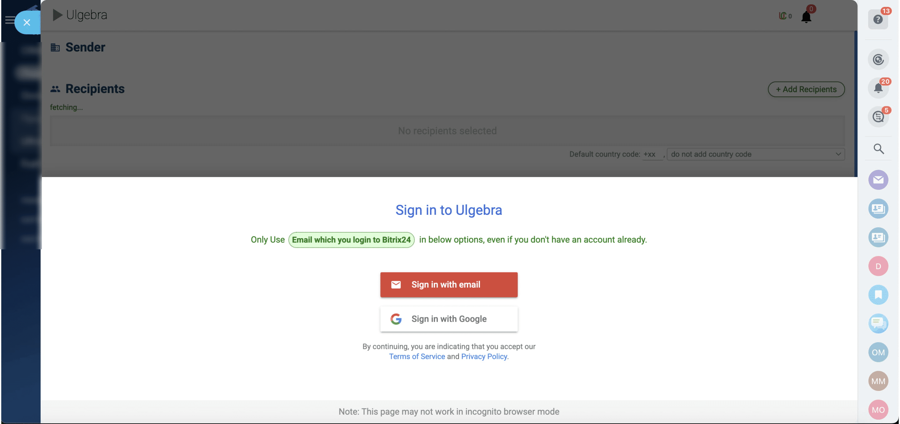 Schritt 1:
Öffnen Sie im CRM die Registerkarte „MessageBird“.
Wenn das Fenster „Bei Ulgebra anmelden“ erscheint:
Klicken Sie auf „Mit E-Mail anmelden“
**WICHTIG**: Ihren Benutzernamen und Ihr Passwort finden Sie in einer separaten Datei