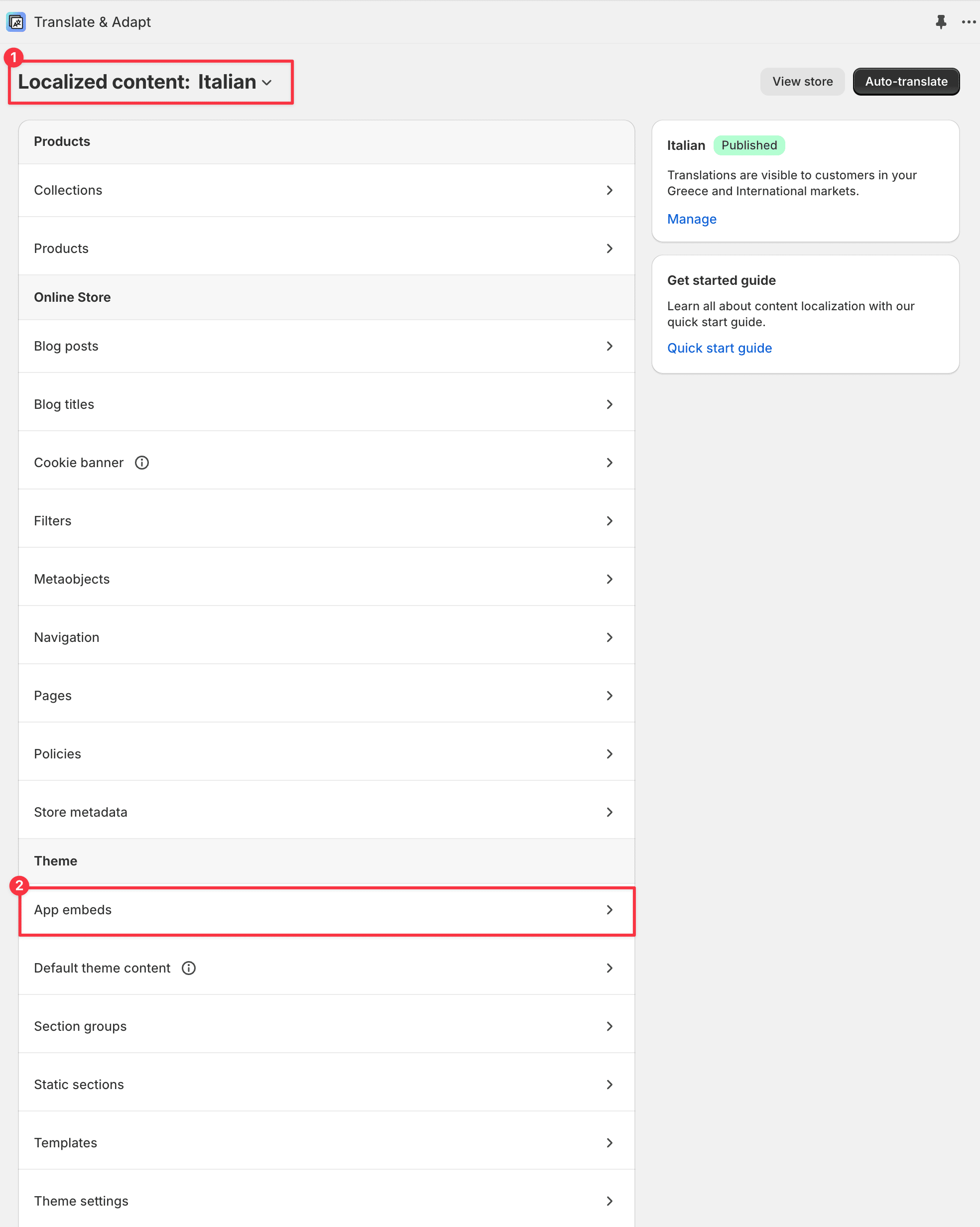 After installing the app, open it, choose the content you want to translate, and select "App Embeds" from the list of available resources.