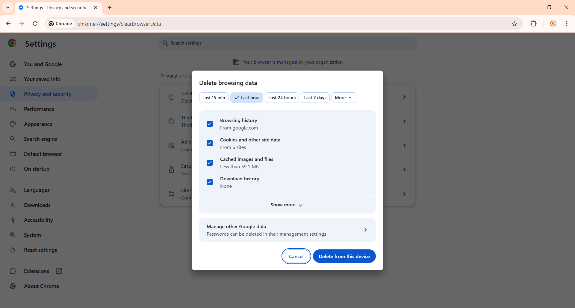 ## Supprimer les cookies
&nbsp;
Cochez **Cookies ou les autres données de sites** que vous voulez supprimer.
&nbsp;
