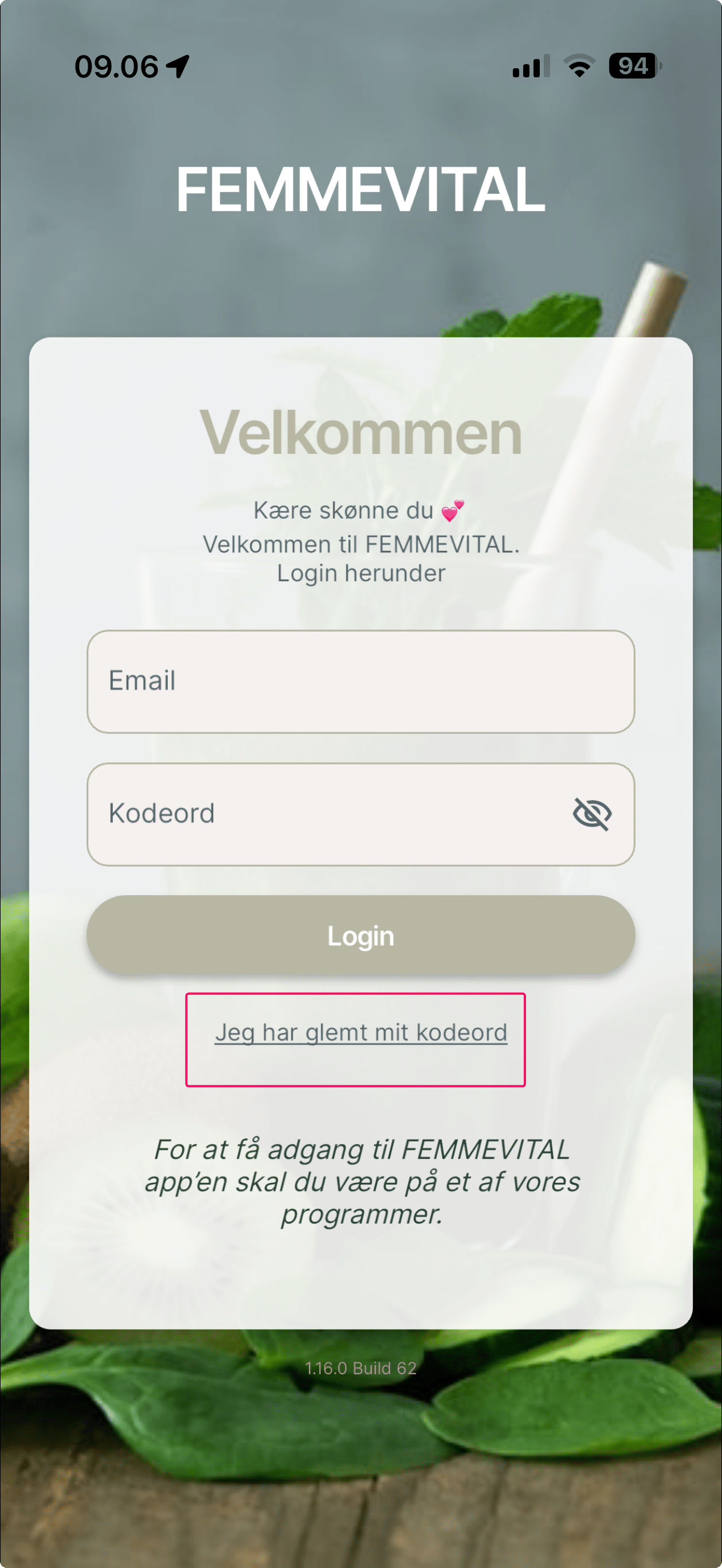 Tryk på "Jeg har glemt mit kodeord"