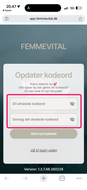 Du er nu kommet ind på siden hvor du kan skrive et ønsket nyt kodeord. 
&nbsp;
Indtast dit ønskede nye kodeord i de to felter
