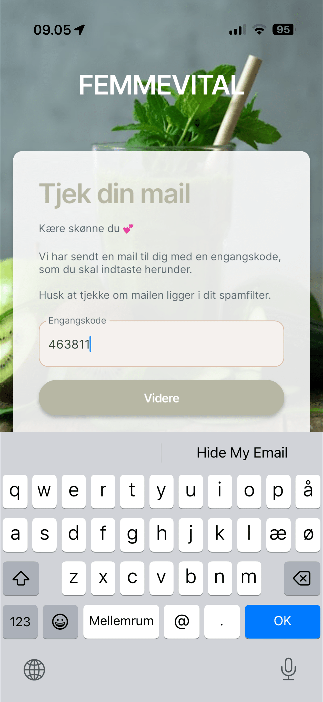 Sæt engangskoden ind og tryk på "Videre"